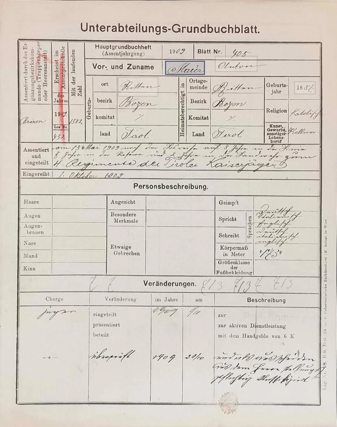 Beispiel für schwer lesbare Handschrift auf einer Militärdienstakte