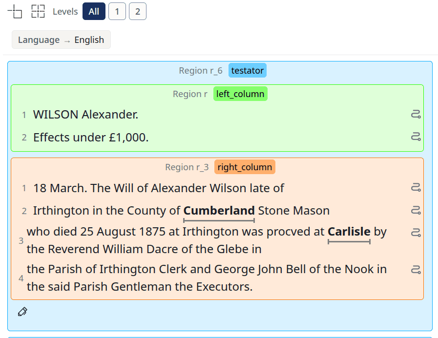 The Language: English classification displayed above the transcript