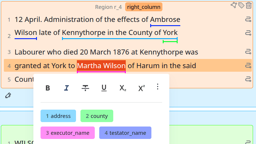 An address entity spanning most of a line with a shorter county entity nested inside it