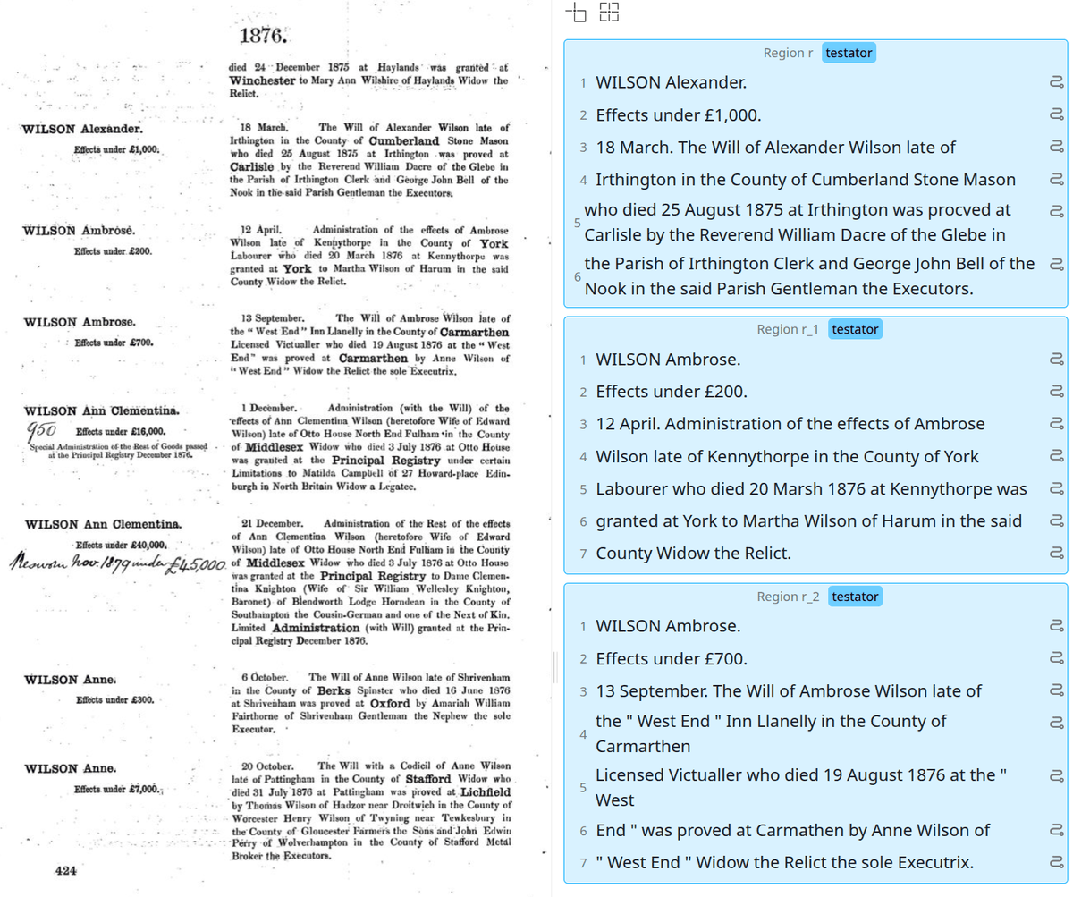 Each probate entry grouped into a region labelled testator